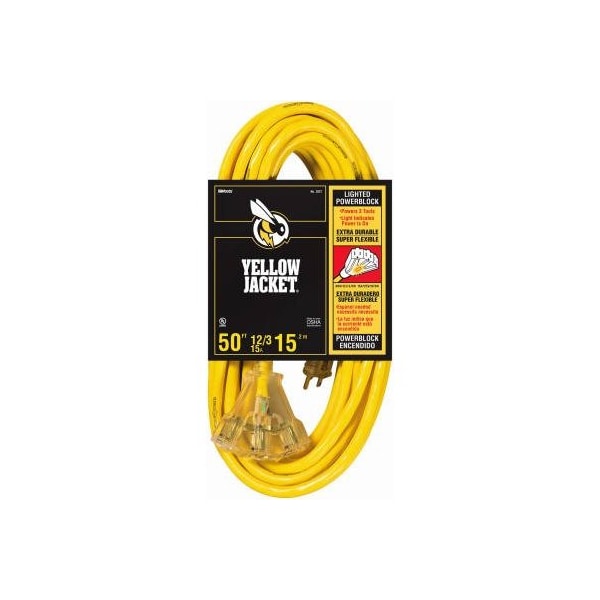 Southwire SJTW Extension Cord, 12 AWG, Indoor/Outdoor, 12/3, 3 Outlets, Yellow, PVC, 50 ft 2827 - main
